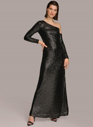 Donna Karan One Shoulder Sequin Vestito Nere | Italia_DK31891