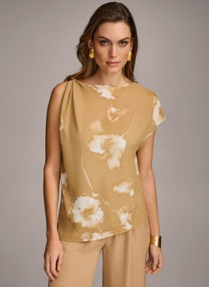 Donna Karan Printed Gathered Hardware Shoulder Sweaters and Tops Oro Crema | Italia_DK72247