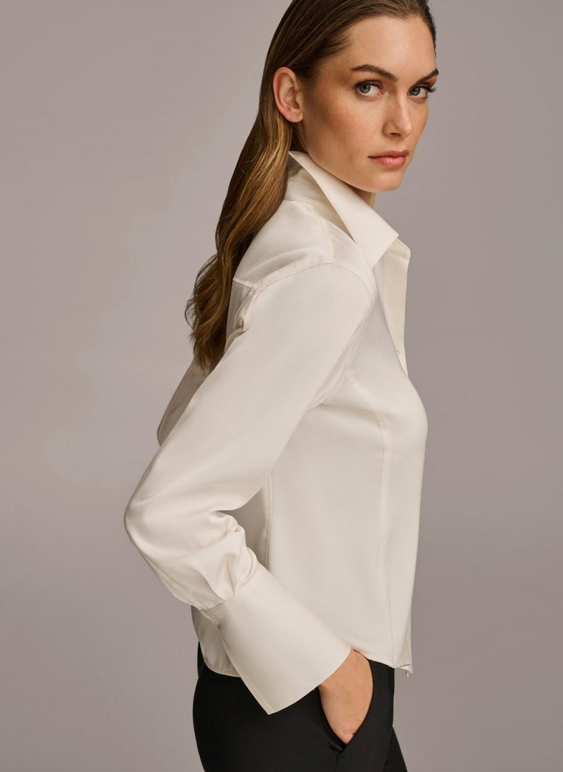 Donna Karan Collared Button Down Blouse Sweaters and Tops Crema | Italia_DK59898